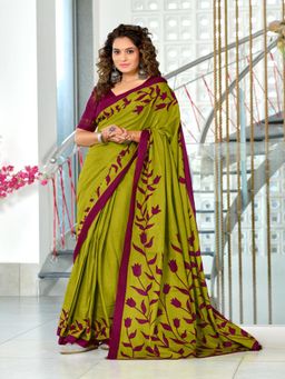 Suha - Green Hand Block Print Mulmul Cotton Saree with Unstitched Blouse