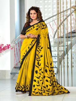 Suha - Yellow Hand Block Print Mulmul Cotton Saree with Unstitched Blouse