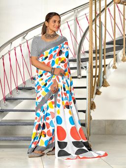 Suha - White Hand Block Print Mulmul Cotton Saree with Unstitched Blouse