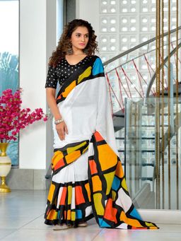 Suha - Black Bagru Block Print Mulmul Cotton Saree with Unstitched Blouse
