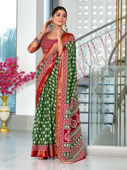 Suha - Green Print with Heavy Zari Bodar Saree with Unstitched Blouse
