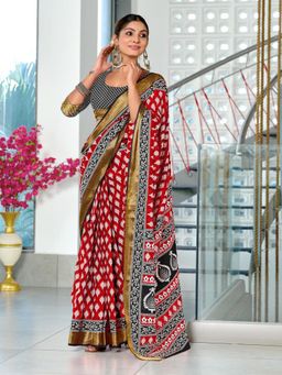 Suha - Red Print with Heavy Zari Bodar Saree with Unstitched Blouse