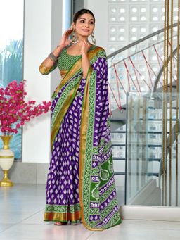 Suha - Purple Print with Heavy Zari Bodar Saree with Unstitched Blouse
