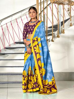 Suha - Blue Hand Block Print Mulmul Cotton Saree with Unstitched Blouse