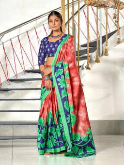 Suha - Red Hand Block Print Mulmul Cotton Saree with Unstitched Blouse