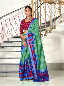 Suha - Green Hand Block Print Mulmul Cotton Saree with Unstitched Blouse