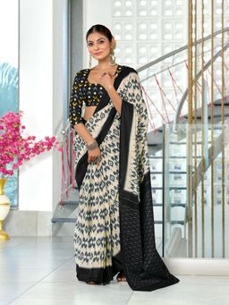 Suha - Black Hand Block Print Mulmul Cotton Saree with Unstitched Blouse
