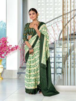 Suha - Olive Hand Block Print Mulmul Cotton Saree with Unstitched Blouse