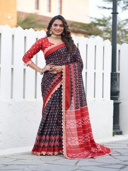 Suha - Black Print with Heavy Embroidery Bodar Saree with Unstitched Blouse