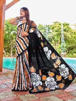 Suha - Multi-Colour Bagru Block Print Mulmul Cotton Saree with Unstitched Blouse