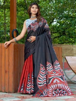 Suha - Black Bagru Block Print Mulmul Cotton Saree with Unstitched Blouse