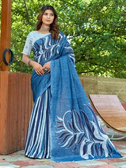 Suha - Blue Bagru Block Print Mulmul Cotton Saree with Unstitched Blouse