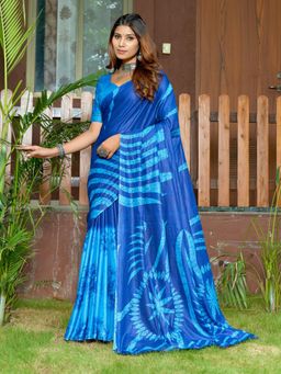 Suha - Blue Bagru Block Print Mulmul Cotton Saree with Unstitched Blouse