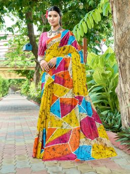 Suha - Yellow Bagru Block Print Mulmul Cotton Saree with Unstitched Blouse