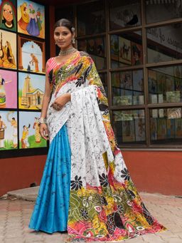 Suha - Multi-Colour Bagru Block Print Mulmul Cotton Saree with Unstitched Blouse