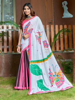 Suha - White Bagru Block Print Mulmul Cotton Saree with Unstitched Blouse