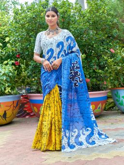 Suha - Multi-Colour Bagru Block Print Mulmul Cotton Saree with Unstitched Blouse