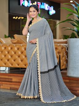 Suha - Grey Print with Heavy Embroidery Bodar Saree with Unstitched Blouse
