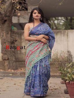 Suha - Blue Pure Cotton Bandhani and Ajrak Block Print Saree with Unstitched Blouse