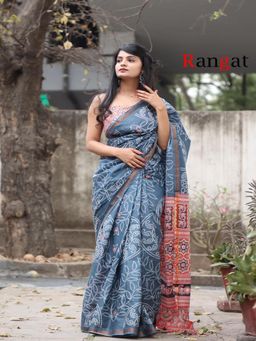 Suha - Grey Pure Cotton Bandhani and Ajrak Block Print Saree with Unstitched Blouse