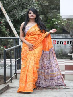 Suha - Orange Pure Cotton Bandhani and Ajrak Block Print Saree with Unstitched Blouse