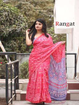 Suha - Pink Pure Cotton Bandhani and Ajrak Block Print Saree with Unstitched Blouse