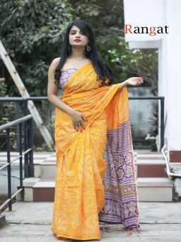 Suha - Yellow Pure Cotton Bandhani and Ajrak Block Print Saree with Unstitched Blouse