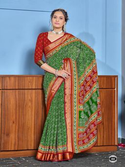 Suha - Green Buti Print with Heavy Zari Bodar Saree with Unstitched Blouse