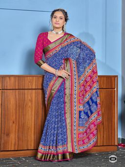 Suha - Blue Buti Print with Heavy Zari Bodar Saree with Unstitched Blouse