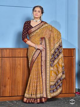 Suha - Mustard Buti Print with Heavy Zari Bodar Saree with Unstitched Blouse