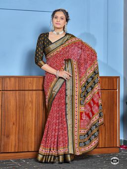Suha - Red Buti Print with Heavy Zari Bodar Saree with Unstitched Blouse