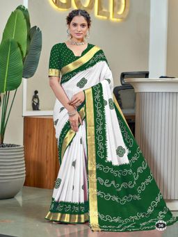 Suha - Green Buti Print with Heavy Zari Bodar Saree with Unstitched Blouse