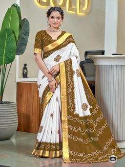 Suha - Brown Buti Print with Heavy Zari Bodar Saree with Unstitched Blouse