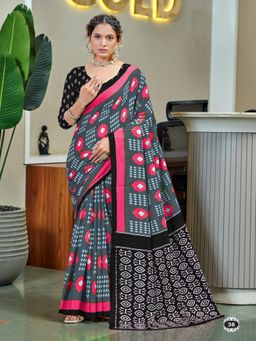 Suha - Grey Pure Cotton Ajrak Block Print Saree with Unstitched Blouse