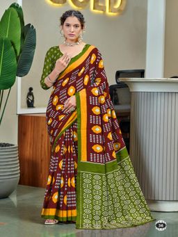 Suha - Maroon Pure Cotton Ajrak Block Print Saree with Unstitched Blouse