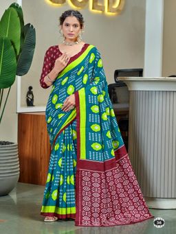 Suha - Aqua Pure Cotton Ajrak Block Print Saree with Unstitched Blouse