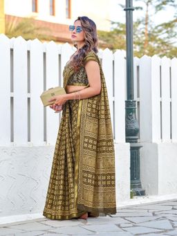 Suha - Brown Hand Block Print Saree with Unstitched Blouse