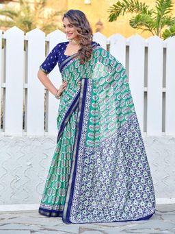Suha - Aqua Hand Block Print Saree with Unstitched Blouse