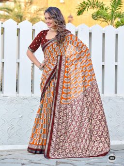 Suha - Orange Hand Block Print Saree with Unstitched Blouse