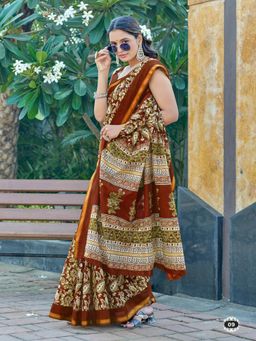 Suha - Brown Hand Block Print Saree with Unstitched Blouse