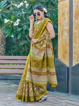 Suha - Olive Hand Block Print Saree with Unstitched Blouse