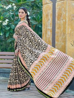 Suha - Black Hand Block Print Saree with Unstitched Blouse
