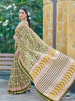 Suha - Olive Hand Block Print Saree with Unstitched Blouse