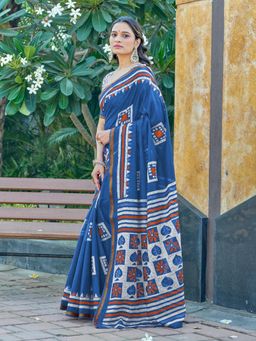 Suha - Blue Hand Block Print Saree with Unstitched Blouse