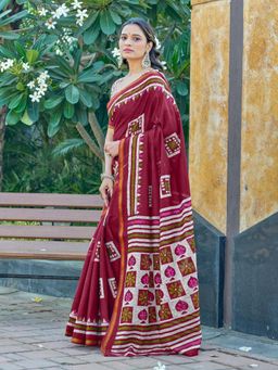 Suha - Maroon Hand Block Print Saree with Unstitched Blouse