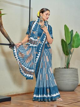 Suha - Blue Hand Block Print Saree with Unstitched Blouse