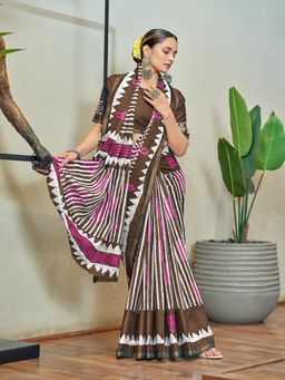 Suha - Brown Hand Block Print Saree with Unstitched Blouse