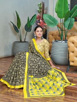 Suha - Black Hand Block Print Saree with Unstitched Blouse