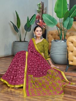 Suha - Pink Hand Block Print Saree with Unstitched Blouse