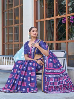Suha - Blue Hand Block Print Saree with Unstitched Blouse